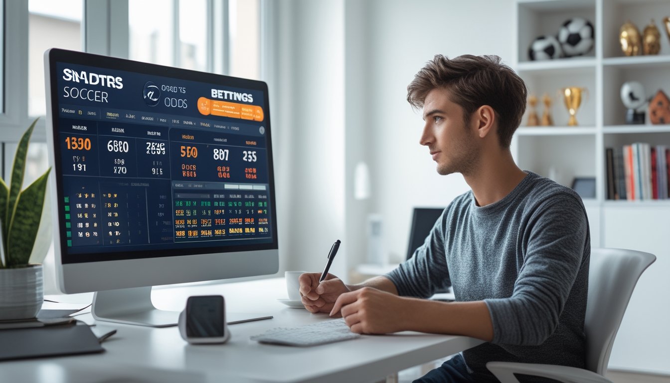 Seorang pria muda duduk di meja dengan layar komputer yang menampilkan berbagai angka dan grafik terkait peluang taruhan sepak bola online.