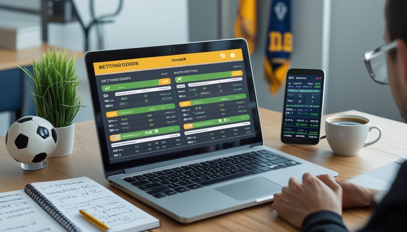 Seorang pemain baru sedang belajar membaca odds taruhan bola menggunakan laptop dan smartphone di meja kerja yang rapi.