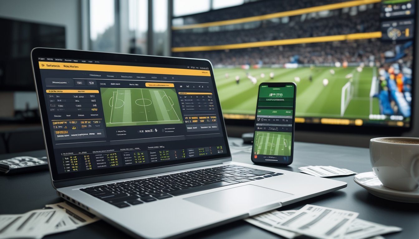 Meja kerja dengan laptop yang menampilkan antarmuka taruhan sepak bola online, ponsel dengan aplikasi taruhan, dan layar besar yang menayangkan pertandingan sepak bola langsung.