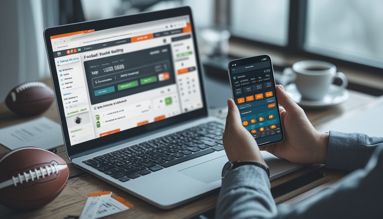 Seseorang menggunakan laptop dan ponsel untuk memasang taruhan bola online di meja kerja dengan bola kecil dan kopi di sampingnya.