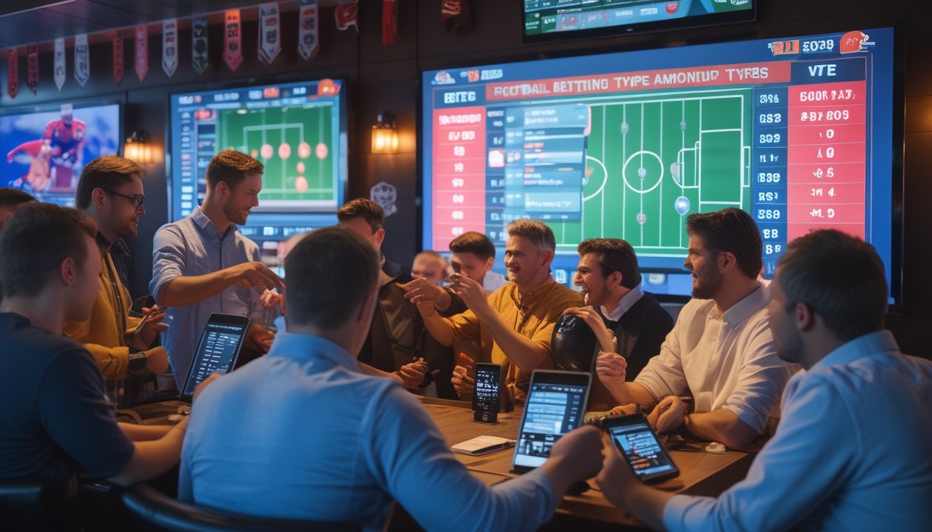 Sekelompok orang sedang melihat layar besar dengan statistik dan peluang taruhan sepak bola di sebuah tempat modern, beberapa menggunakan ponsel dan tablet untuk memasang taruhan.