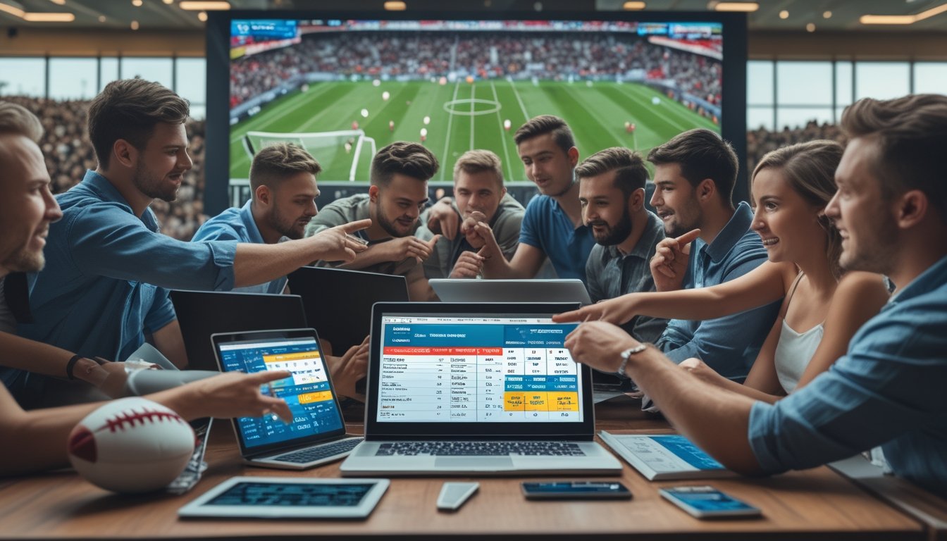 Sekelompok penggemar sepak bola sedang melihat perangkat digital yang menampilkan pertandingan dan peluang taruhan handicap dalam suasana yang penuh antusiasme.