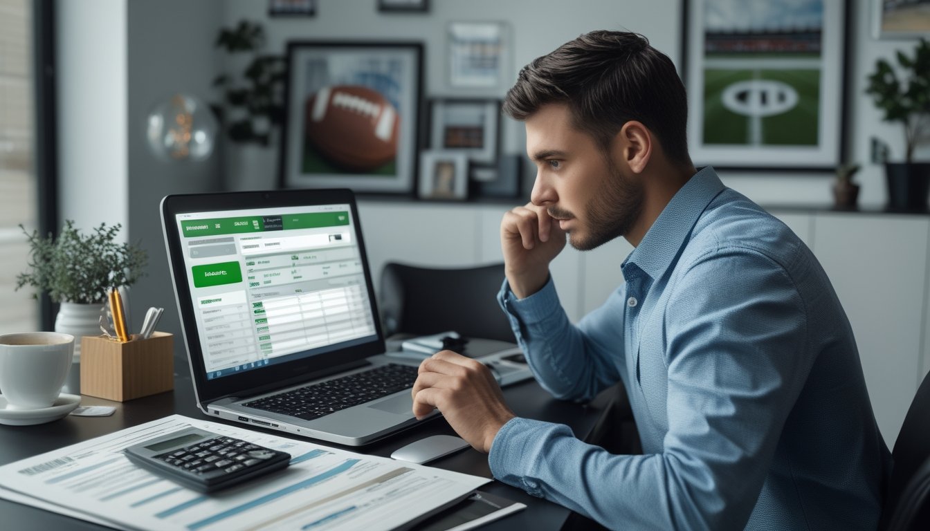 Seorang pria muda duduk di meja dengan laptop dan dokumen keuangan, fokus menganalisis data terkait judi bola.