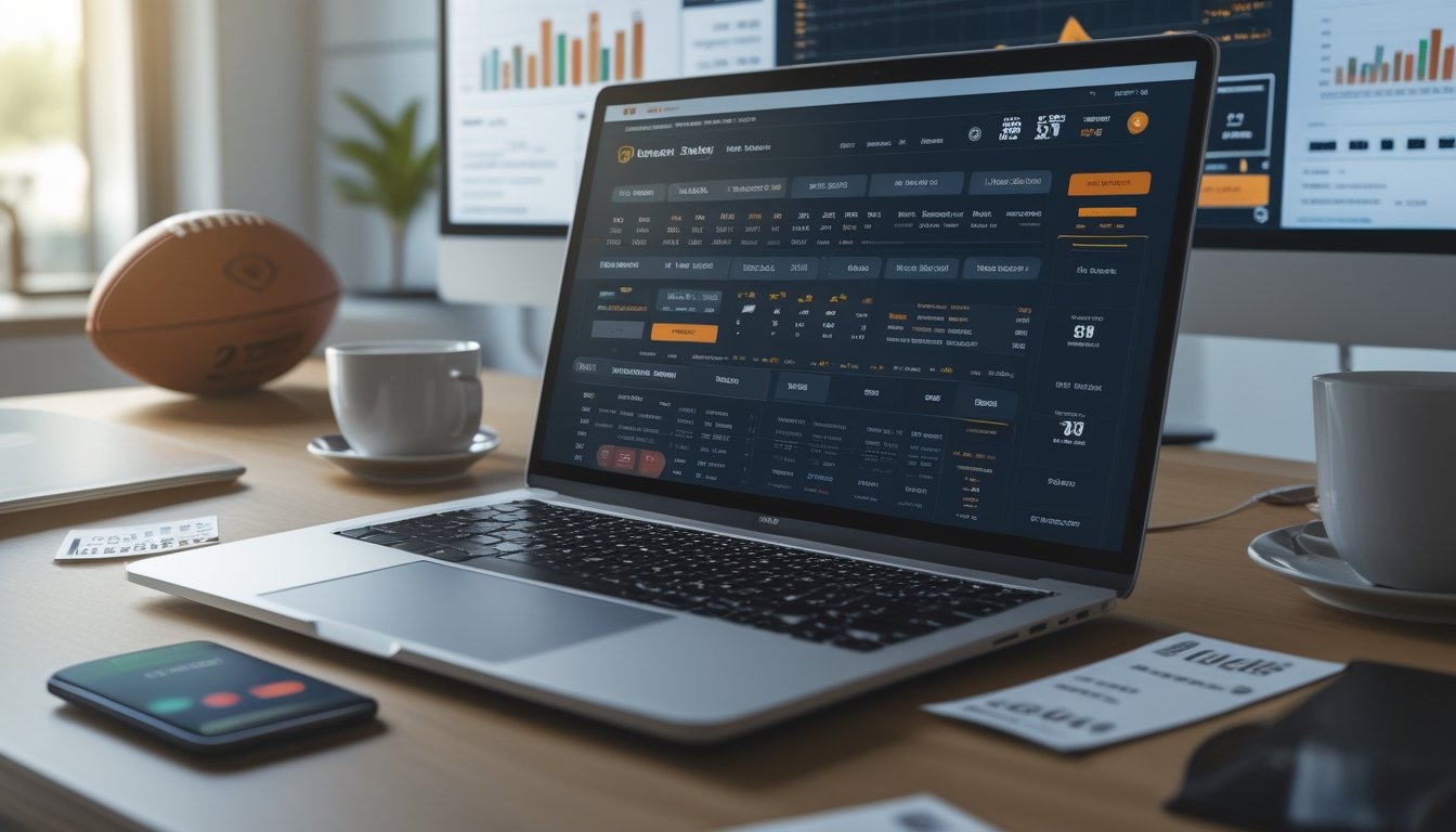 Meja kerja modern dengan laptop yang menampilkan antarmuka taruhan sepak bola online dan beberapa perlengkapan terkait taruhan bola di sekitarnya.