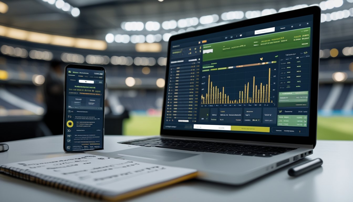 Meja kerja dengan laptop, ponsel, dan buku catatan yang menampilkan informasi tentang taruhan bola online dengan latar belakang stadion sepak bola.