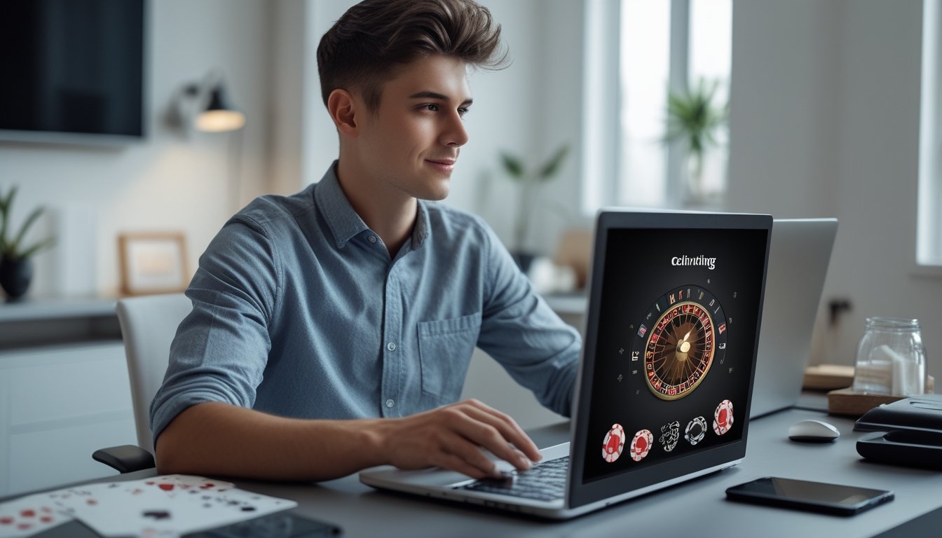 Seorang dewasa muda duduk di meja dengan laptop yang menampilkan tema kasino online, terlihat fokus dan santai di ruangan yang terang dan rapi.