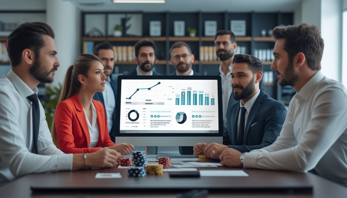 Sekelompok profesional sedang berdiskusi di kantor dengan layar komputer yang menampilkan grafik terkait kasino online, dengan chip poker dan kartu remi di atas meja.