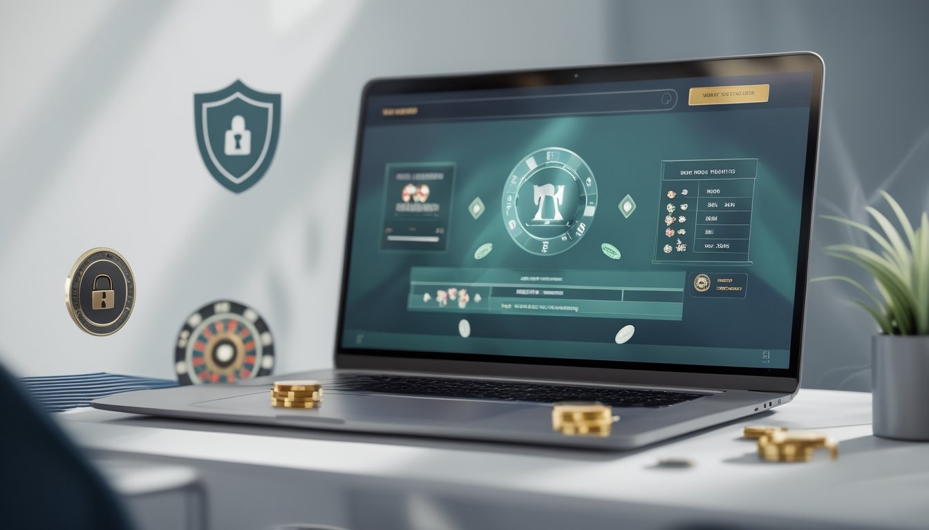 Seorang pengguna menggunakan komputer dengan tampilan situs judi casino online yang aman dan terpercaya, dikelilingi simbol keamanan seperti gembok dan perisai.
