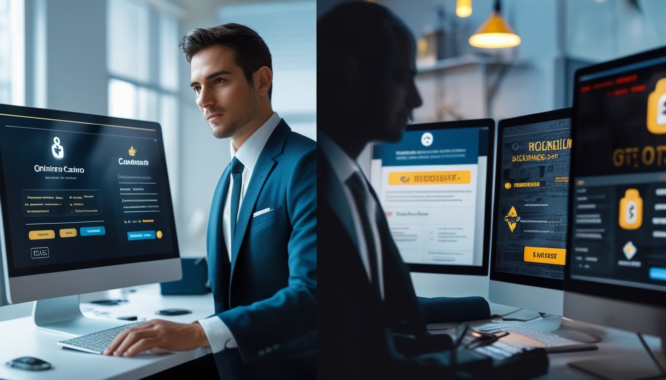 Dua orang yang duduk di depan komputer, satu di lingkungan terang dengan tampilan situs judi online terpercaya, satu di lingkungan gelap dengan tampilan situs judi online abal-abal.