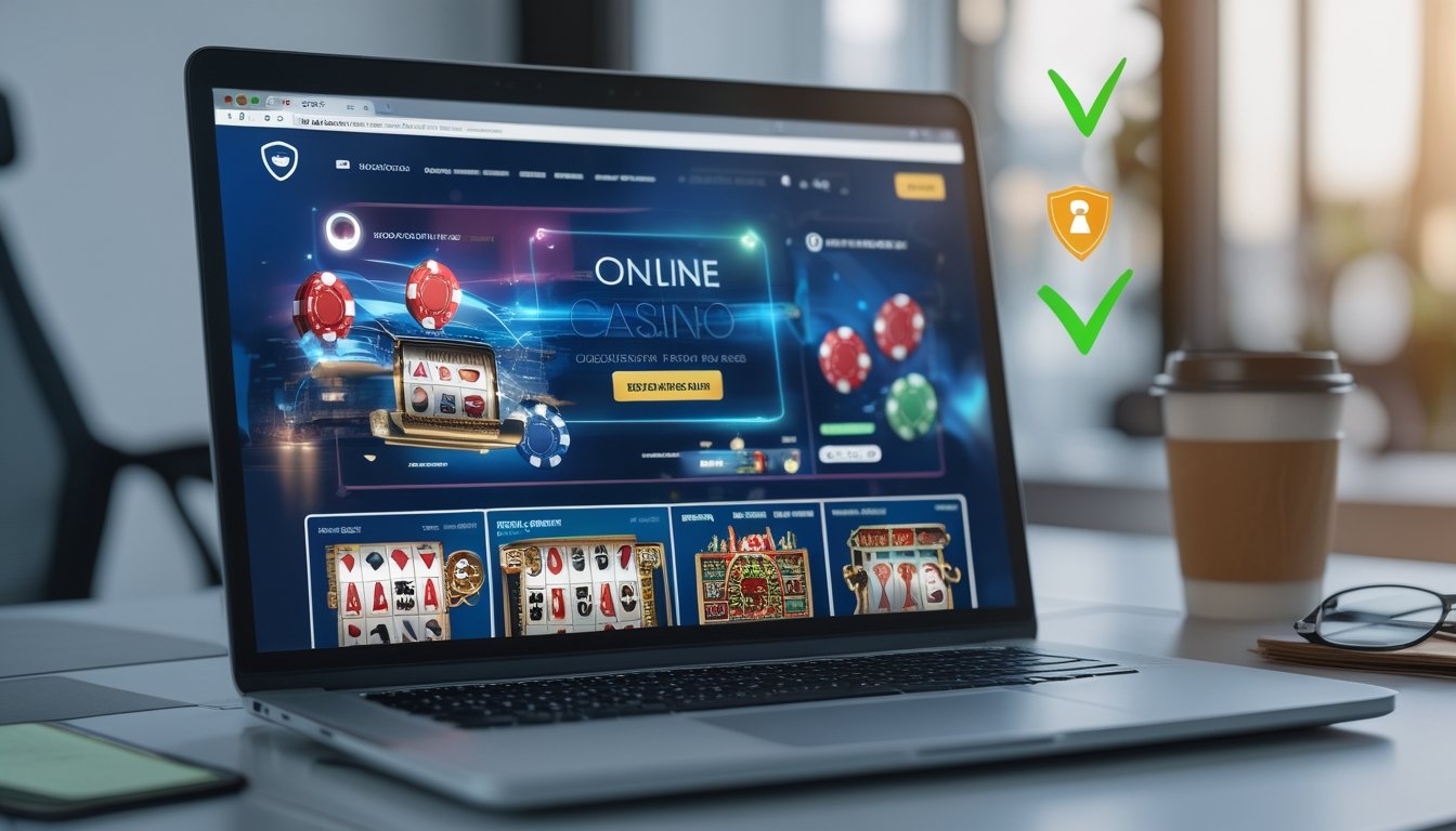 Seorang pengguna sedang melihat layar komputer dengan tampilan situs casino online yang aman dan terpercaya di sebuah ruang kerja yang rapi.