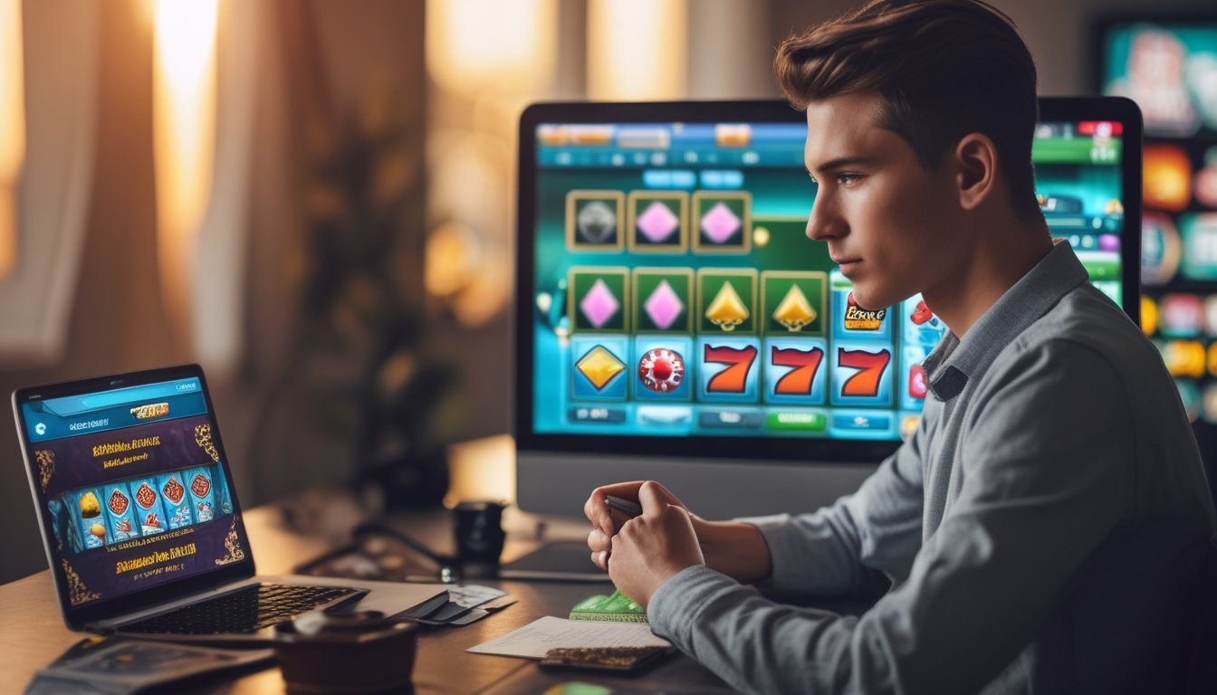 Seorang pemain muda duduk di depan komputer dengan layar permainan kasino online, tampak fokus dan memegang pena di meja yang juga terdapat kartu dan chip.