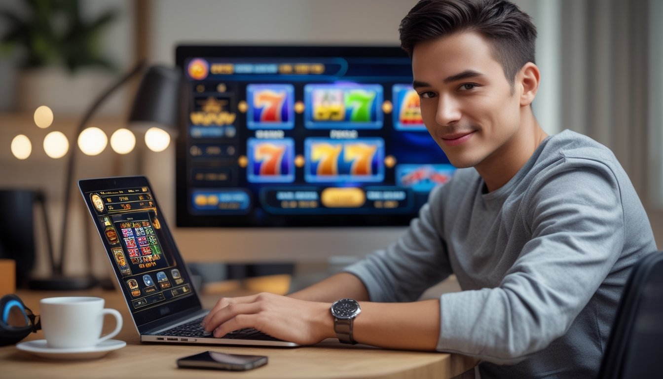 Seorang pria muda duduk di depan laptop dengan tampilan permainan casino online, tersenyum dan fokus bermain di ruangan yang rapi.