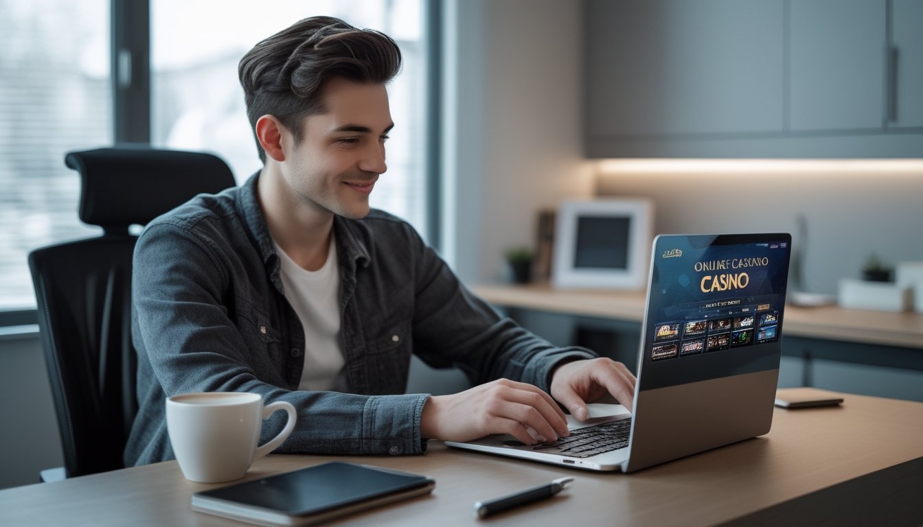 Seorang dewasa muda duduk di meja dengan laptop, terlihat fokus dan santai saat menggunakan platform judi casino online di ruang kerja rumah yang nyaman.