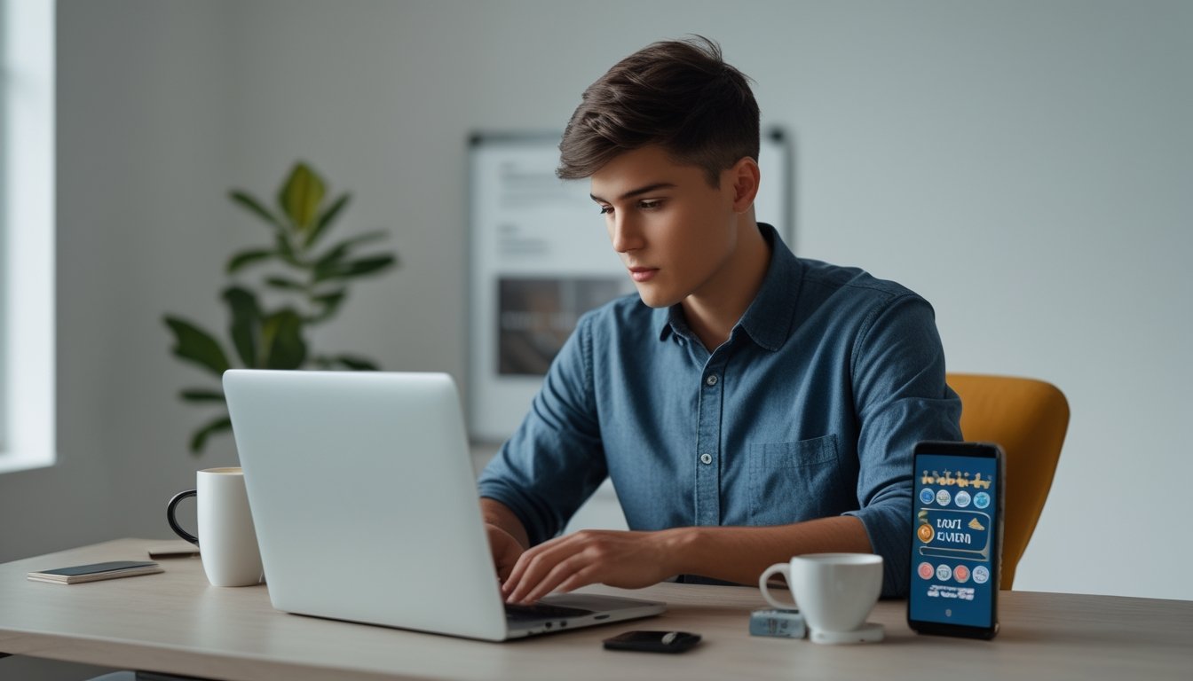 Orang dewasa muda duduk di meja dengan laptop terbuka, mempersiapkan pendaftaran di platform judi casino online terpercaya.