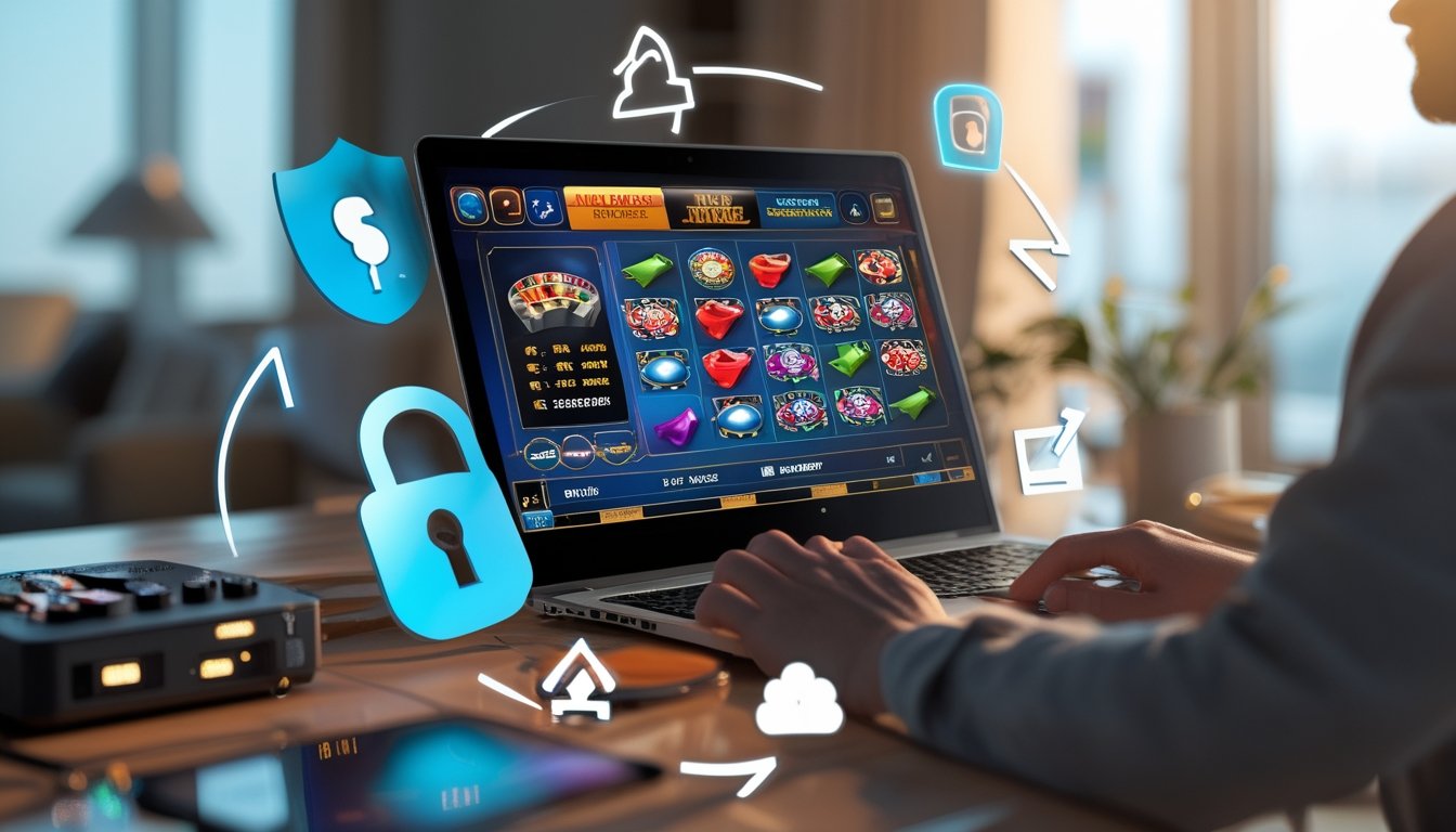 Seorang pengguna duduk di depan komputer yang menampilkan permainan kasino online dengan simbol keamanan di sekitarnya.