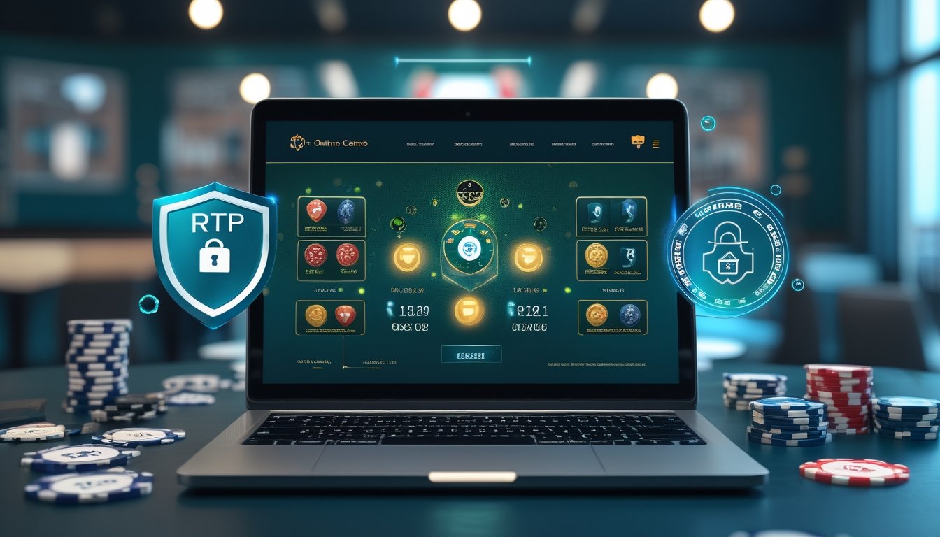 Seorang profesional menggunakan laptop dengan tampilan permainan kasino online terpercaya dan simbol keamanan di meja kerja yang rapi.