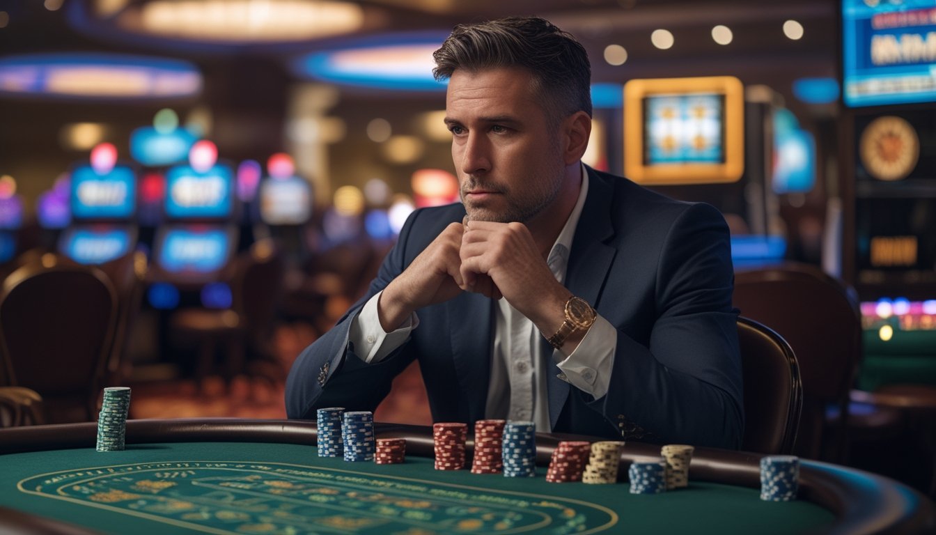 Seorang pria dewasa serius duduk di meja kasino dengan chip poker dan kartu, tampak fokus dan berhati-hati dalam bermain.