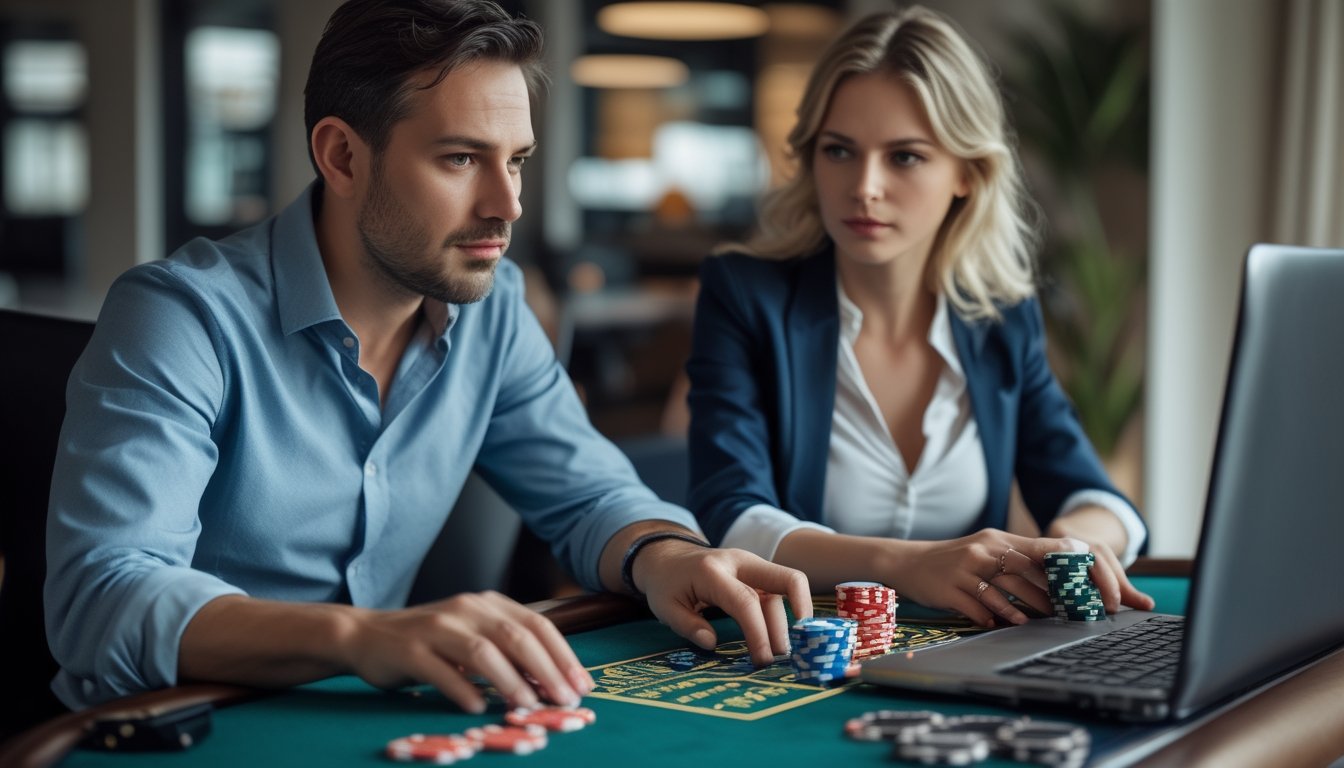Dua orang dewasa sedang bermain judi casino online menggunakan laptop dan ponsel di meja dengan chip poker dan kartu.