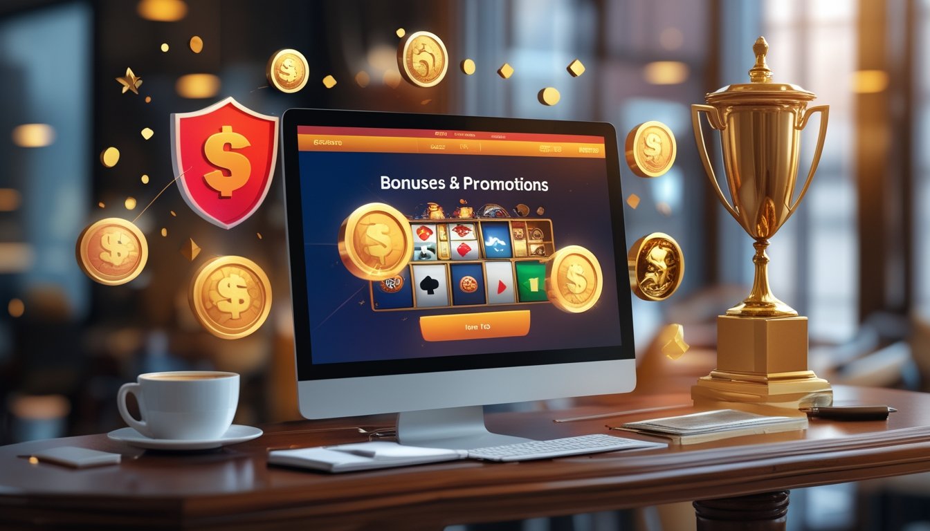 Seorang pengguna sedang melihat situs kasino online terpercaya di komputer dengan simbol chip, kartu, dan koin digital di layar.
