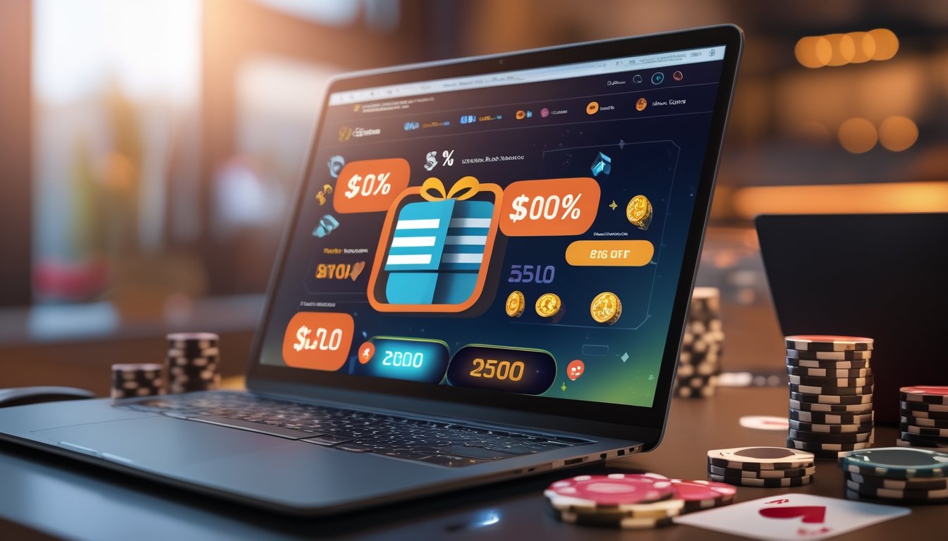 Suasana meja kerja dengan komputer menampilkan situs kasino online dan berbagai simbol bonus seperti chip poker, kartu remi, dan tumpukan koin di sekitarnya.