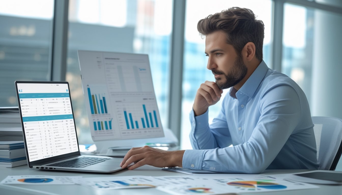 Seorang profesional duduk di meja modern dengan laptop dan dokumen, sedang menganalisis data di ruang kantor yang terang.
