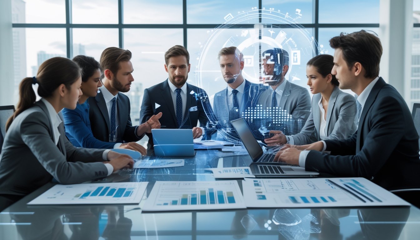 Sekelompok profesional bisnis sedang berdiskusi di ruang kantor modern dengan laptop dan dokumen di meja.