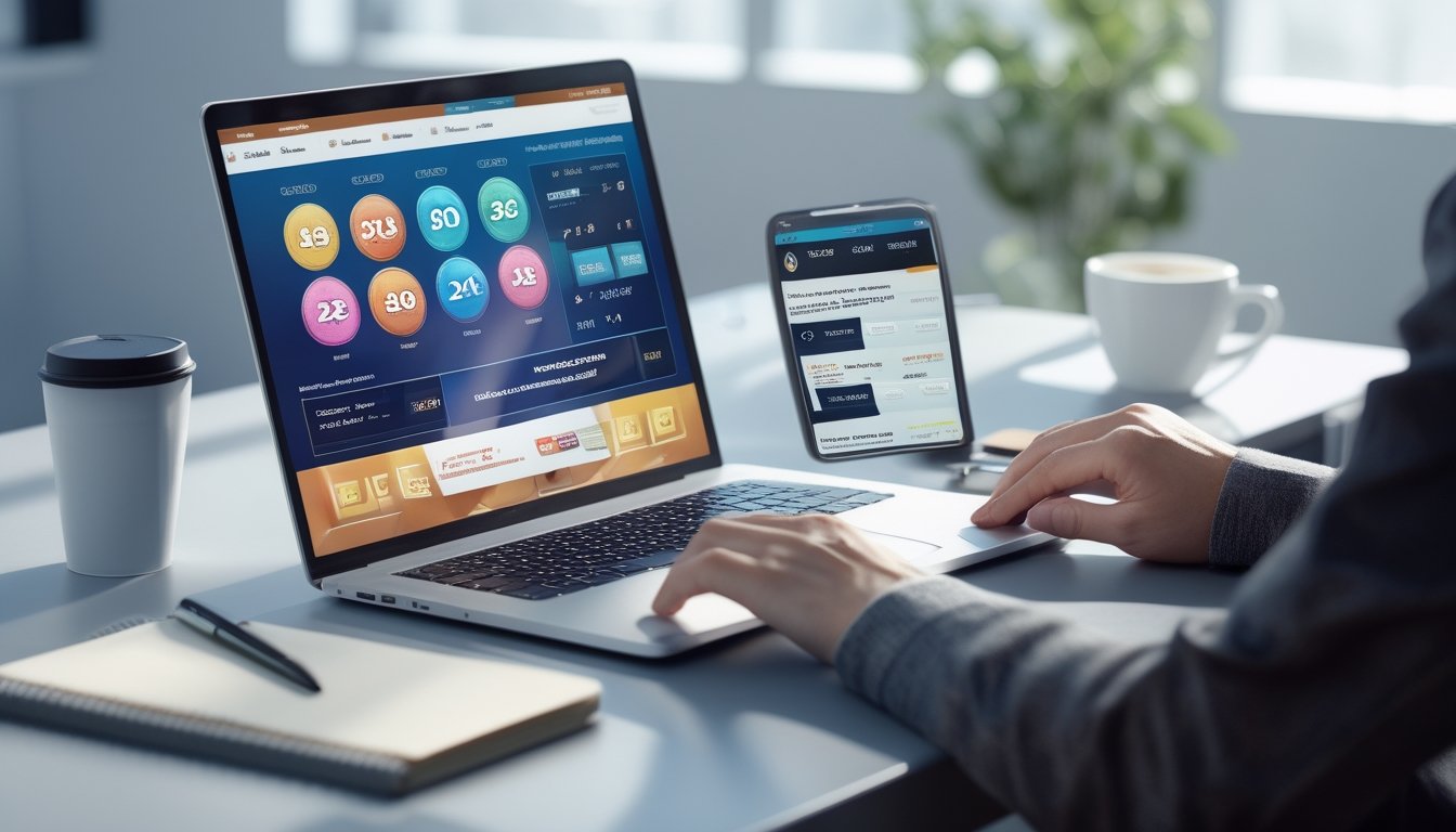 Meja kerja modern dengan laptop dan ponsel yang menampilkan platform togel online, disertai cangkir kopi dan buku catatan.