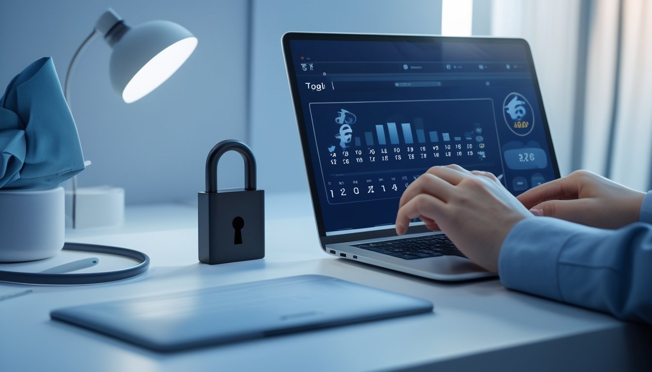 Seorang individu menggunakan laptop di meja kerja modern dengan tampilan antarmuka permainan togel online, menunjukkan suasana bermain togel secara daring yang aman dan terpercaya.