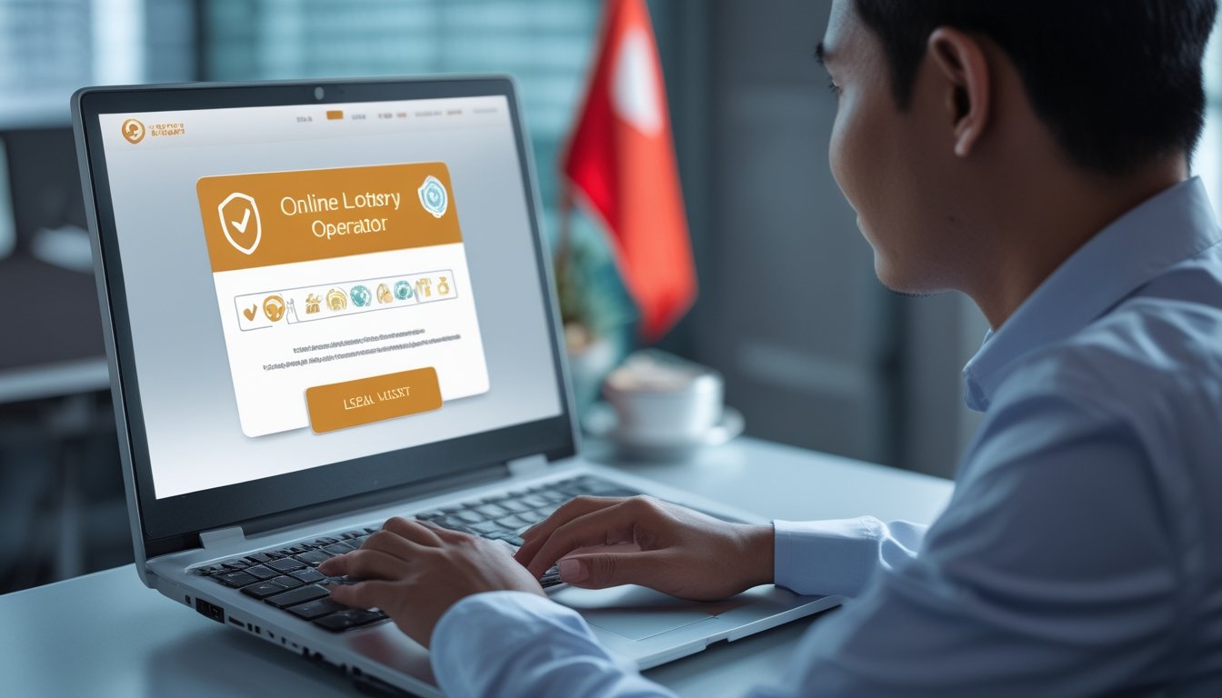 Seorang pria Indonesia sedang duduk di meja dengan laptop, memeriksa situs web yang menunjukkan simbol keamanan dan kepercayaan, di ruang kantor dengan dekorasi khas Indonesia.