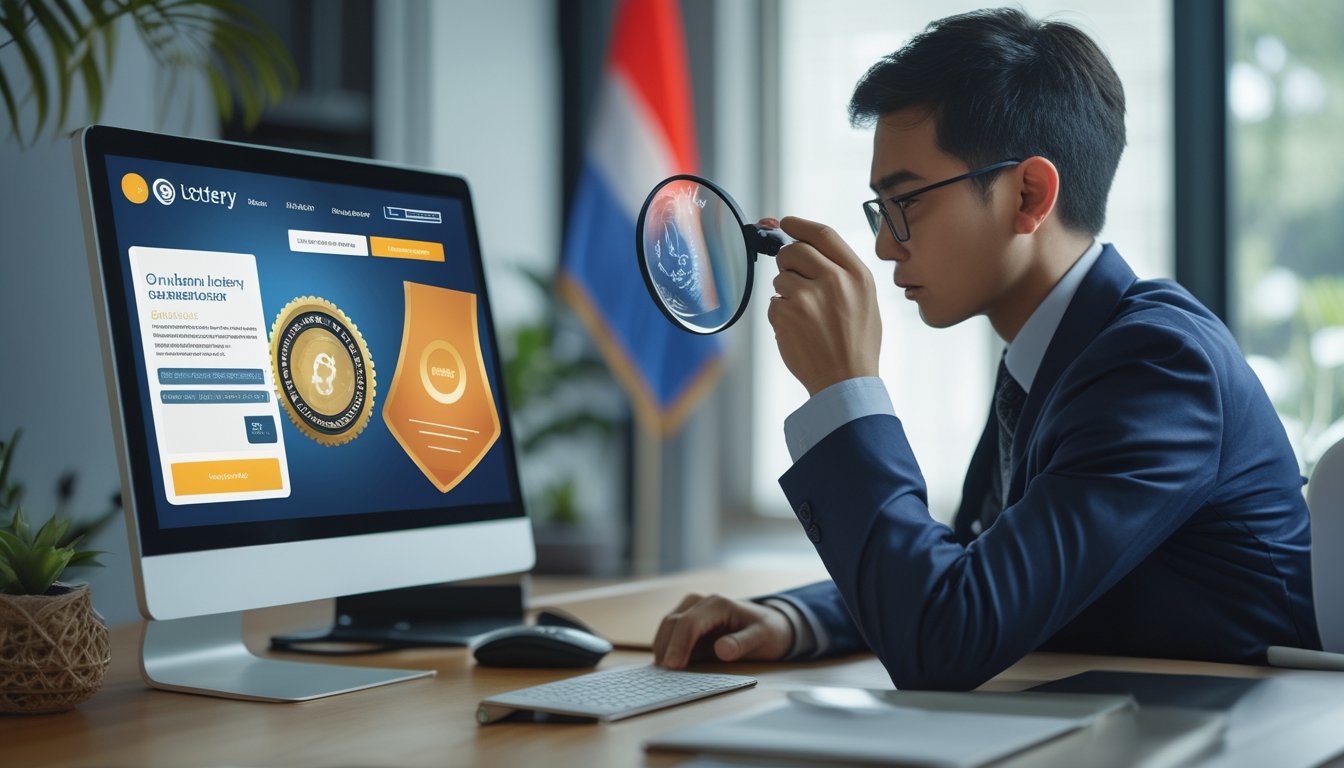 Seorang profesional sedang memeriksa legalitas situs judi online di depan komputer di kantor dengan elemen budaya Indonesia di latar belakang.