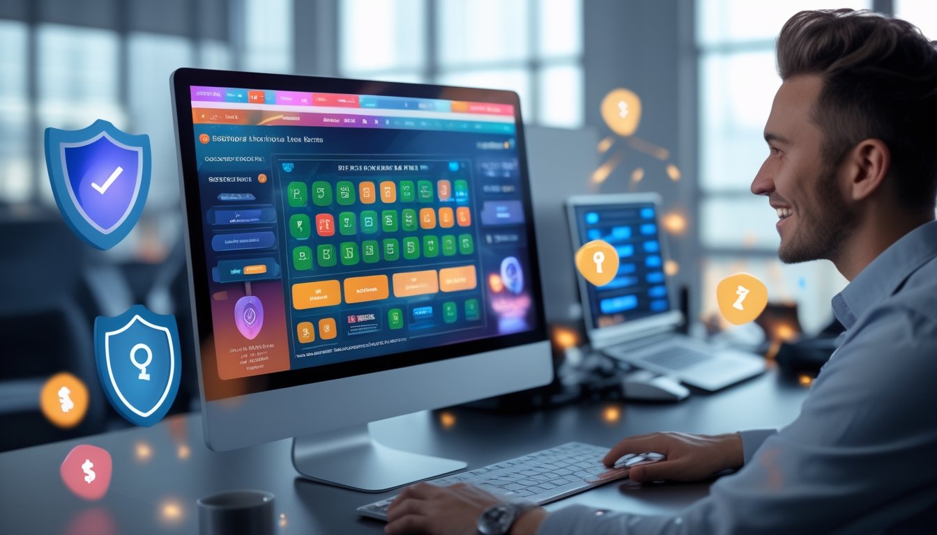 Seorang profesional menggunakan laptop di meja kerja modern dengan layar komputer menampilkan antarmuka situs togel online yang terpercaya, dikelilingi simbol keamanan dan suasana kantor yang rapi.