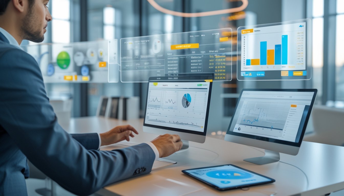 Seorang profesional sedang menganalisis data di depan beberapa layar digital di kantor modern.