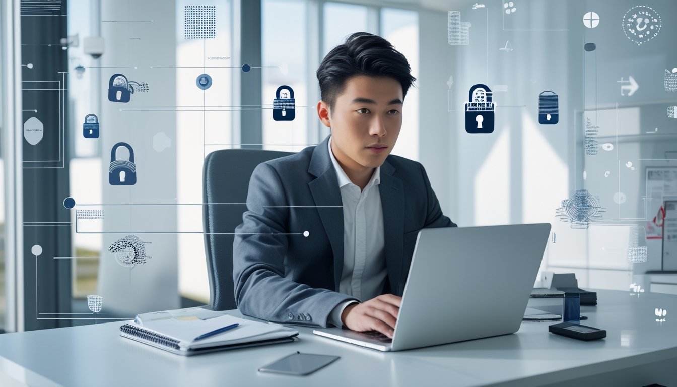 Seorang pria muda duduk di meja kantor menggunakan laptop dengan ekspresi fokus, di latar belakang terdapat ikon keamanan digital dan elemen yang menunjukkan kecepatan dan kepercayaan.