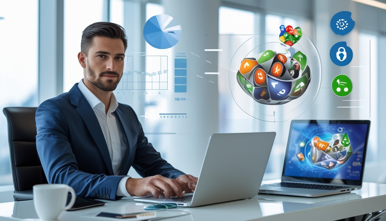 Seorang profesional bisnis duduk di meja dengan laptop dan ponsel, menunjukkan suasana kerja yang modern dan terpercaya terkait ulasan situs togel online.