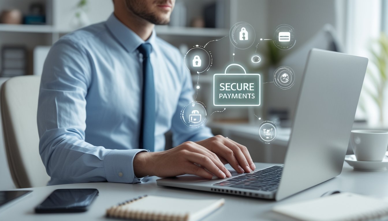 Seseorang menggunakan laptop di ruang kerja rumah yang rapi dengan pencahayaan alami, menunjukkan aktivitas transaksi online yang aman dan terpercaya.