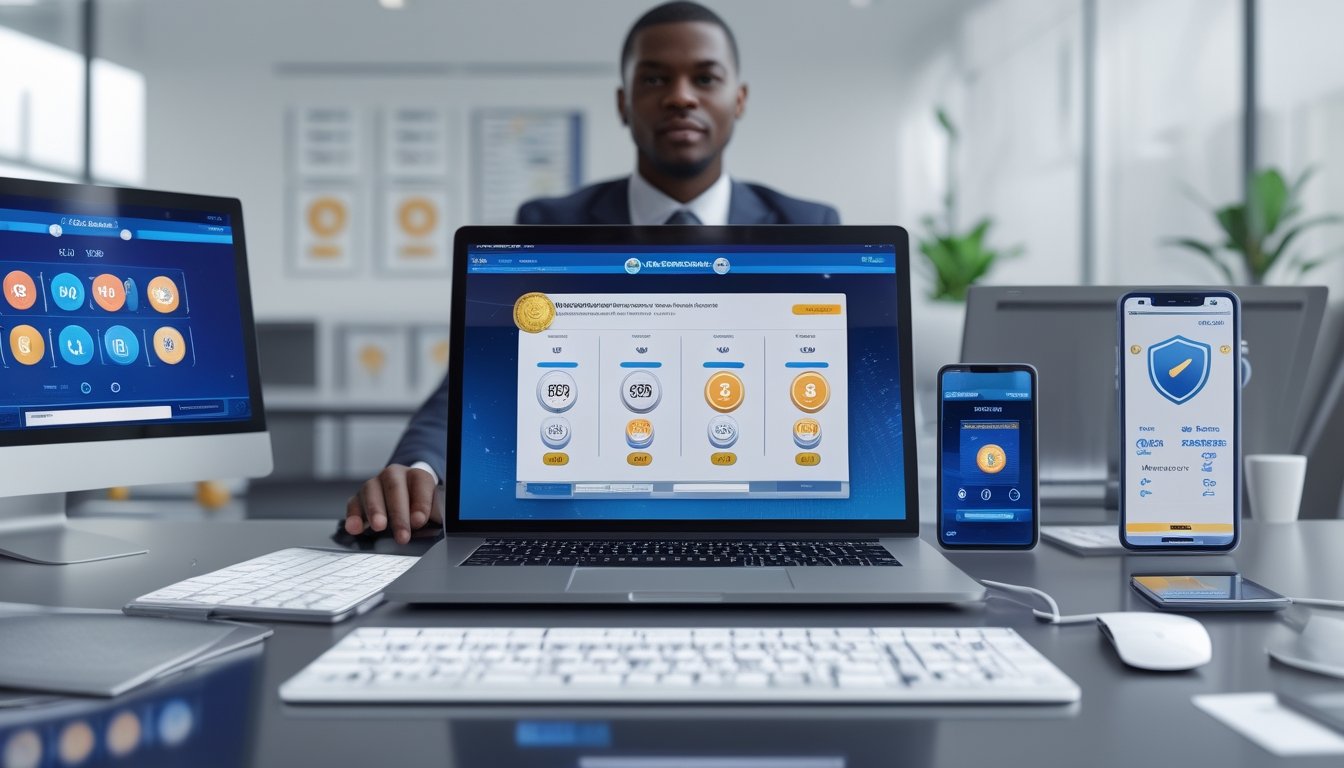 Seorang profesional duduk di meja dengan beberapa perangkat digital yang menampilkan antarmuka lotere online dan simbol keamanan di ruang kantor yang terang dan rapi.