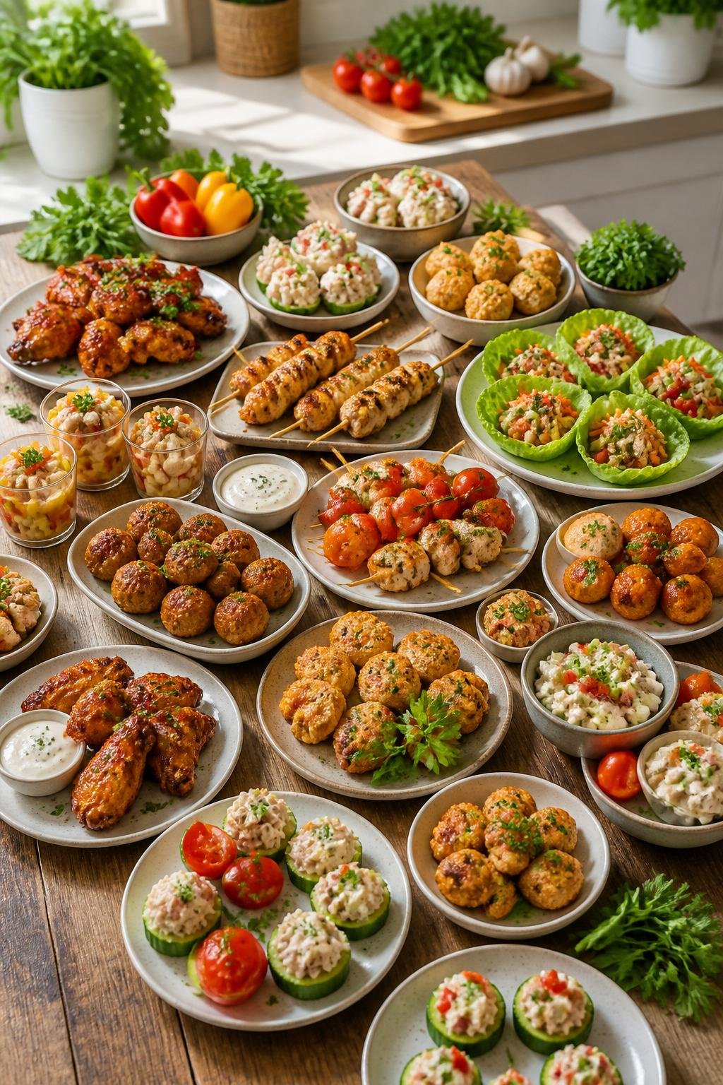 20 Chicken Starter Recipes That Picky Eaters Approve 2 A variety of small chicken starter dishes arranged on a wooden table with fresh herbs and vegetables in a kitchen setting.