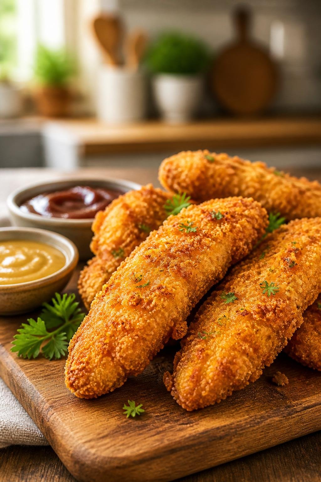 20 Chicken Starter Recipes That Picky Eaters Approve 3 A plate of crispy oven-baked chicken tenders with dipping sauces on a wooden board.