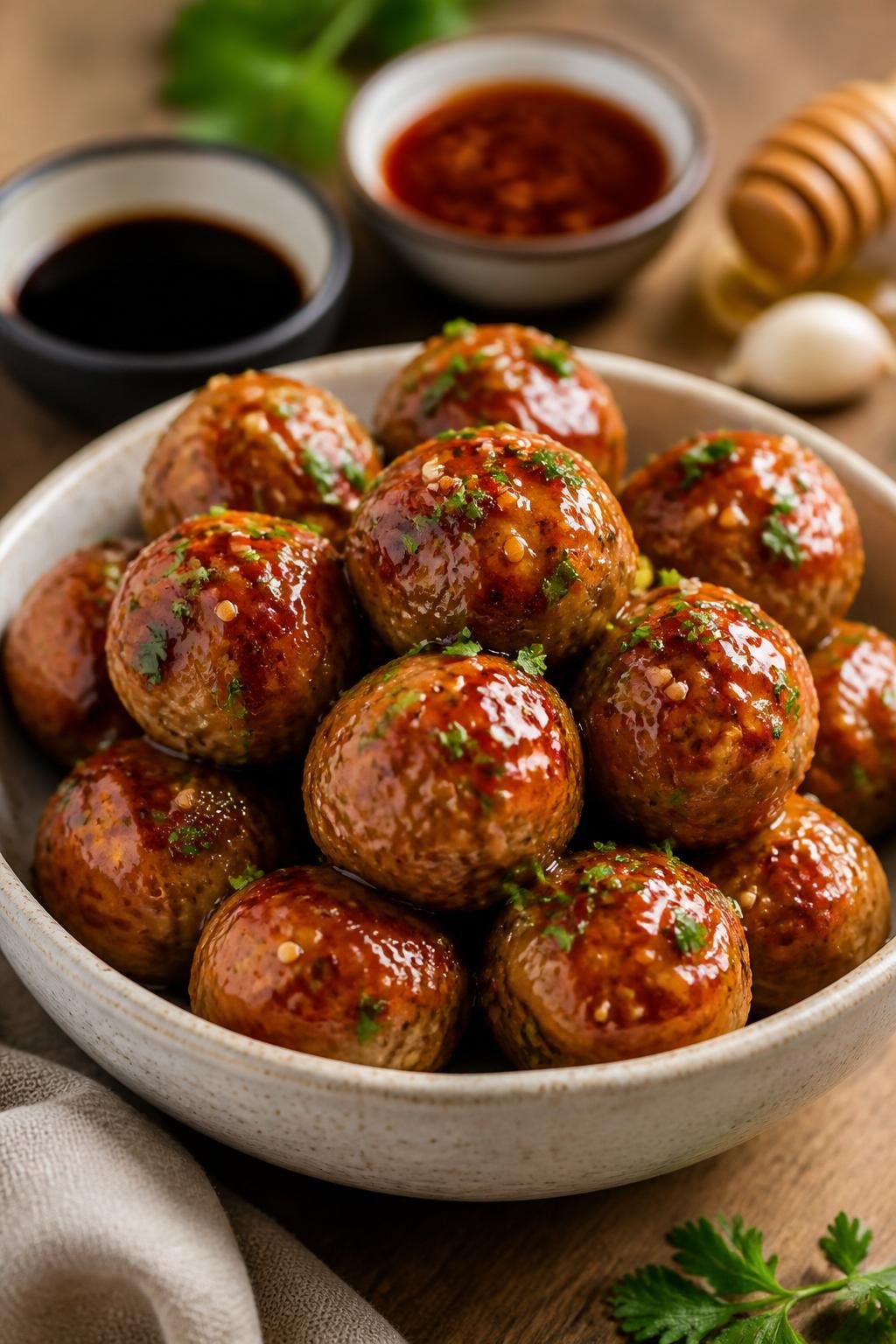 20 Chicken Starter Recipes That Picky Eaters Approve 4 Close-up of honey-garlic sticky chicken meatballs in a white bowl garnished with herbs and sesame seeds on a wooden table with dipping sauces and fresh ingredients in the background.