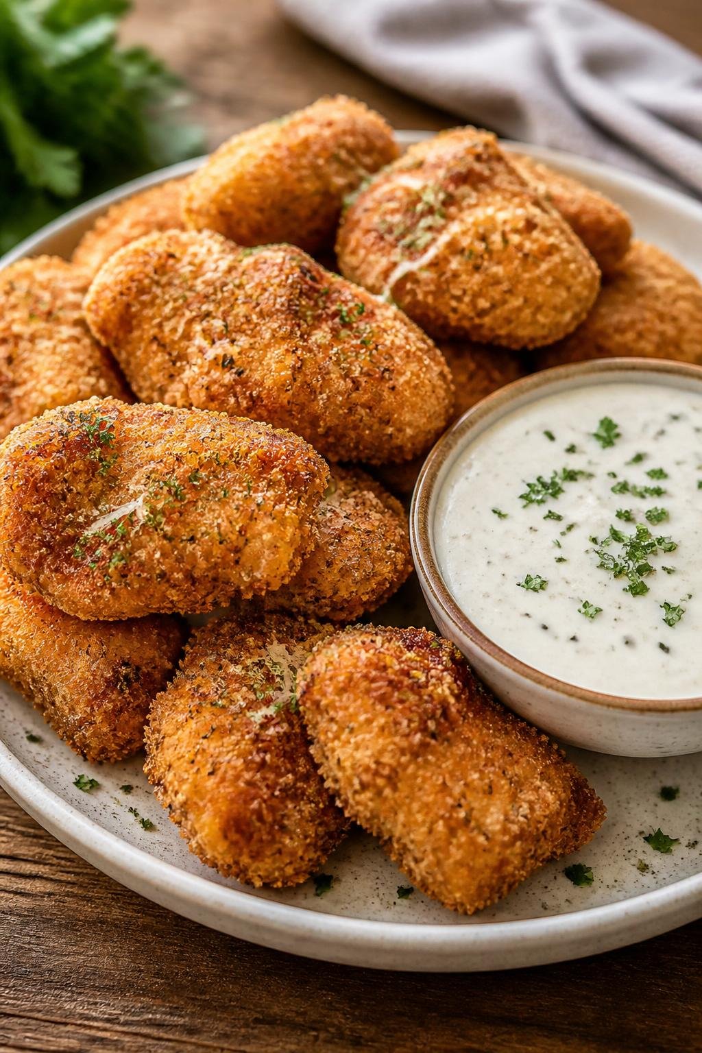 20 Chicken Starter Recipes That Picky Eaters Approve 5 Plate of golden Parmesan ranch chicken nuggets with a bowl of ranch dipping sauce on a wooden table.