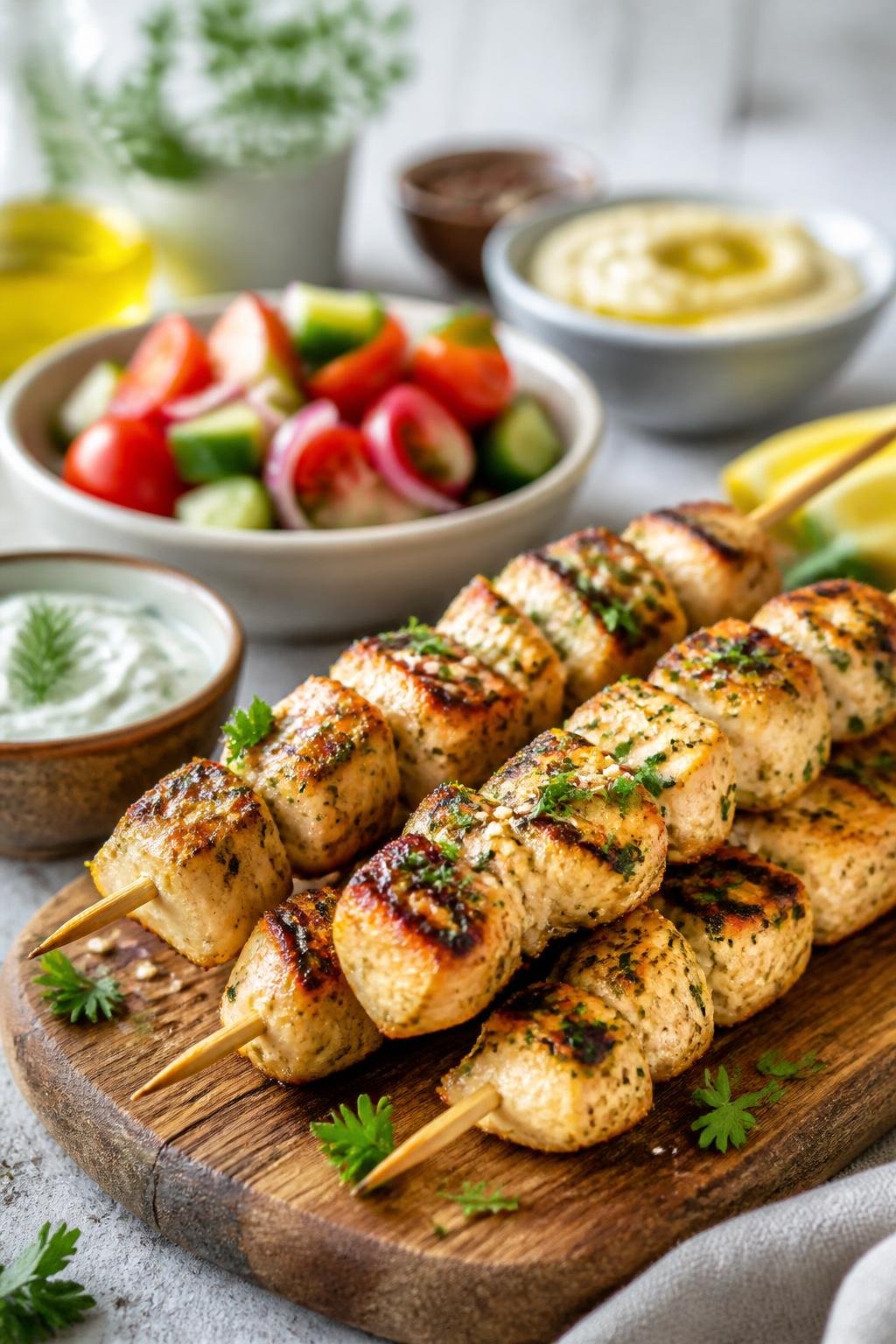 20 Chicken Starter Recipes That Picky Eaters Approve 6 Grilled chicken skewers marinated in Greek yogurt served on a wooden board with fresh herbs and dipping sauces.