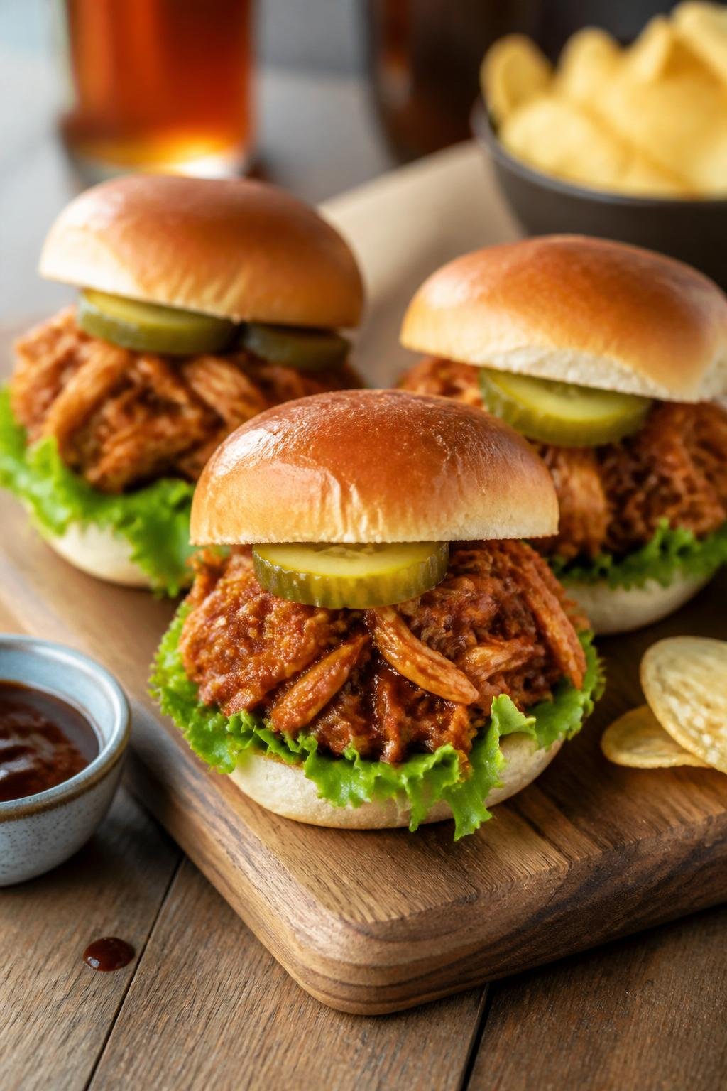 20 Chicken Starter Recipes That Picky Eaters Approve 7 Close-up of BBQ pulled chicken sliders with lettuce and pickles on a wooden board, accompanied by a bowl of BBQ sauce and potato chips.