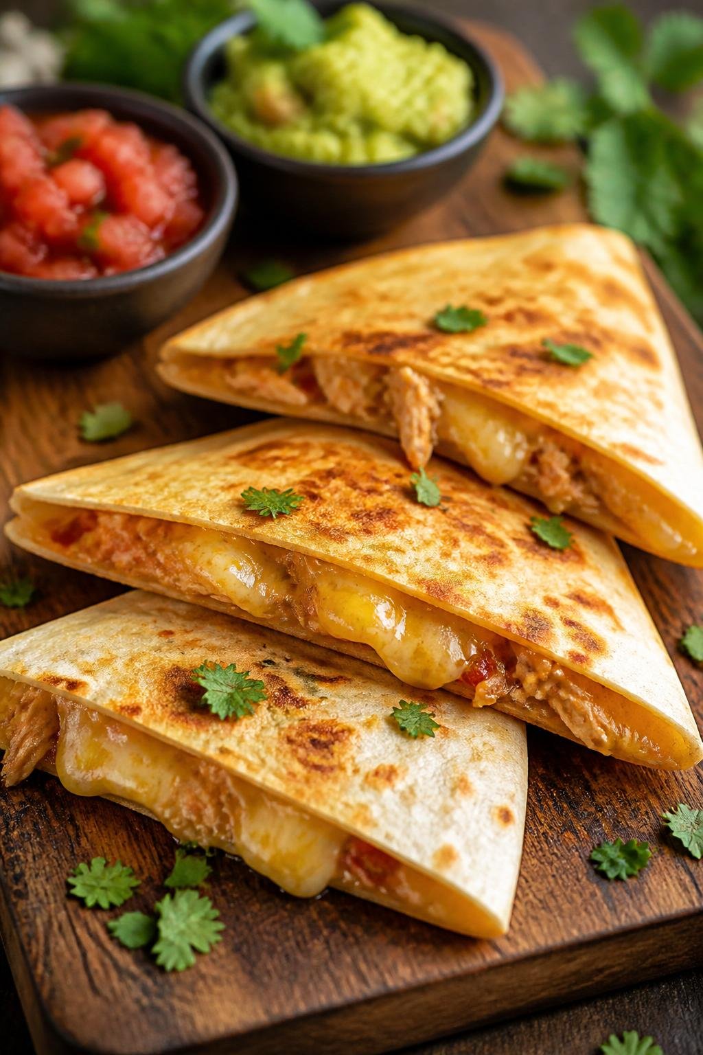 20 Chicken Starter Recipes That Picky Eaters Approve 8 Three golden-brown cheesy chicken quesadilla triangles on a wooden board with bowls of salsa and guacamole.