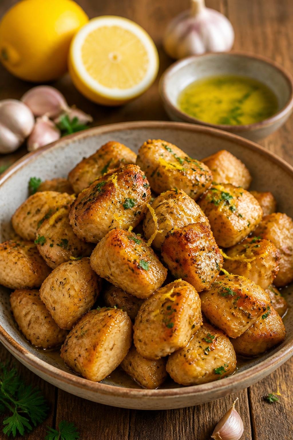 20 Chicken Starter Recipes That Picky Eaters Approve 9 A plate of golden lemon-butter garlic chicken bites garnished with parsley and lemon zest on a wooden table.