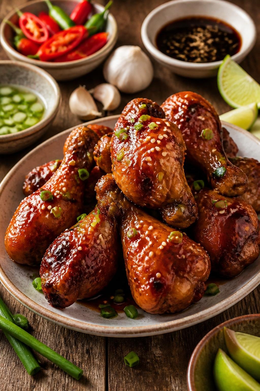 20 Chicken Starter Recipes That Picky Eaters Approve 10 A plate of teriyaki glazed chicken drumettes garnished with sesame seeds and green onions on a wooden table with small bowls of dipping sauces and fresh ingredients around it.