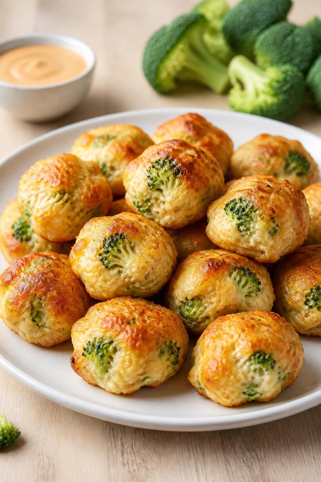 20 Chicken Starter Recipes That Picky Eaters Approve 11 Plate of creamy chicken and broccoli bites on a wooden table with fresh broccoli and dipping sauce in the background.