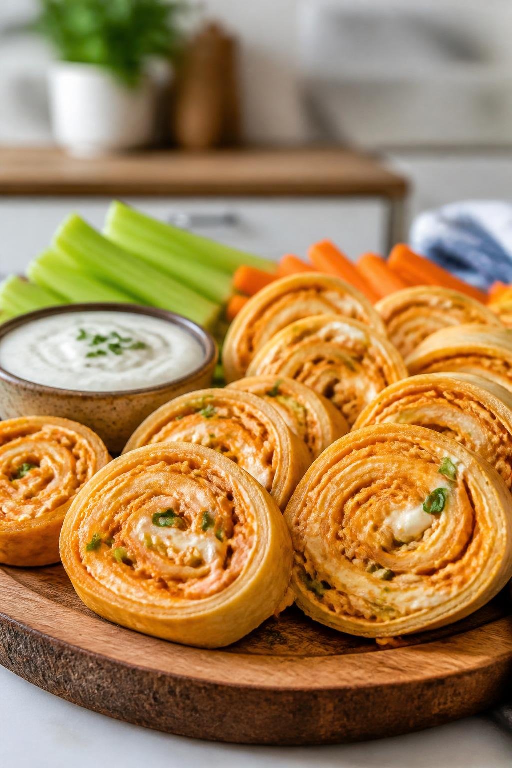 20 Chicken Starter Recipes That Picky Eaters Approve 12 Buffalo Ranch Chicken Pinwheels arranged on a wooden board with celery sticks, carrot sticks, and a bowl of ranch dipping sauce.