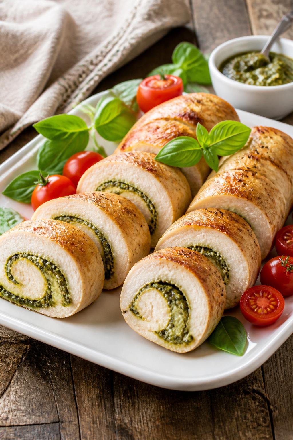 20 Chicken Starter Recipes That Picky Eaters Approve 13 A platter of sliced pesto chicken roll-ups garnished with basil leaves and cherry tomatoes on a wooden table.