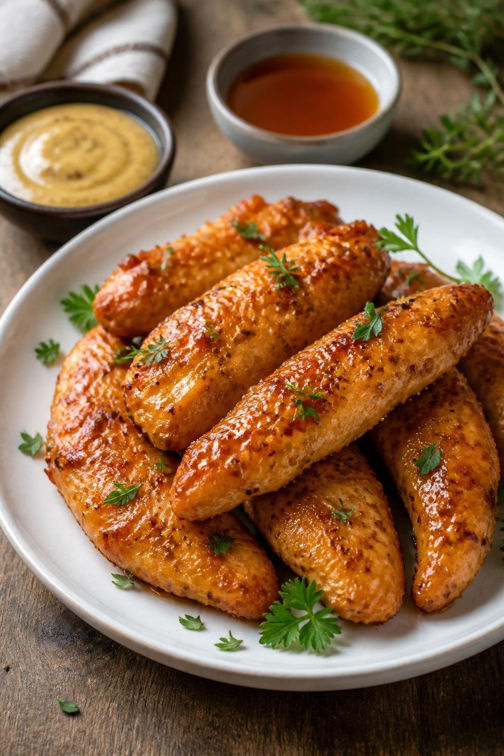 20 Chicken Starter Recipes That Picky Eaters Approve 14 A plate of golden brown maple-mustard chicken tenders garnished with fresh herbs and served with small bowls of dipping sauces on a wooden table.