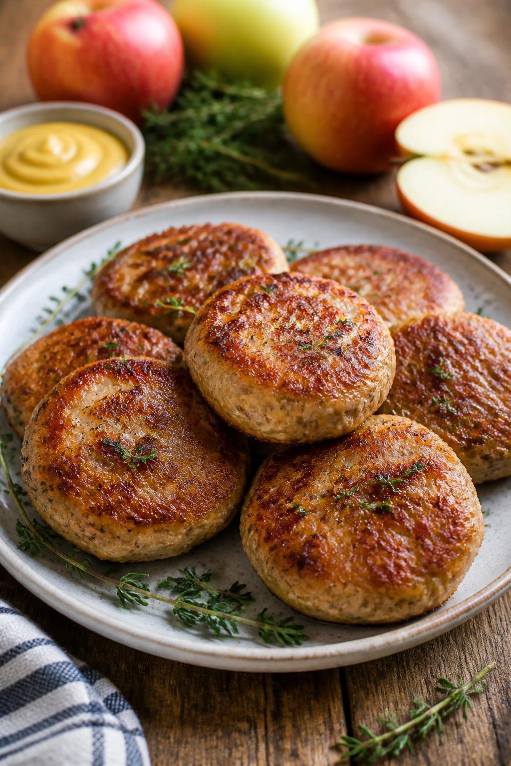 20 Chicken Starter Recipes That Picky Eaters Approve 15 A plate of chicken and apple sausage patties garnished with herbs on a wooden table with apples and mustard sauce nearby.